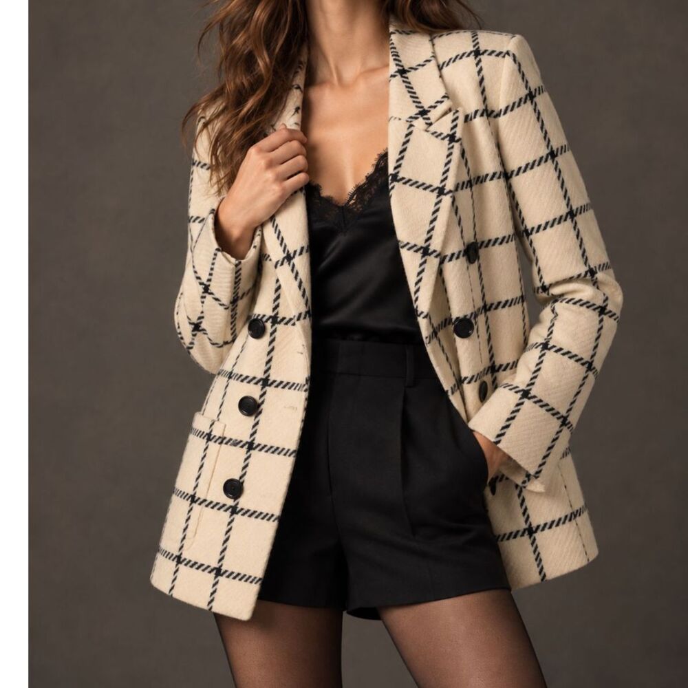 Ellen Tracy Wool Cashmere Windowpane Blazer 14 Old Money Preppy